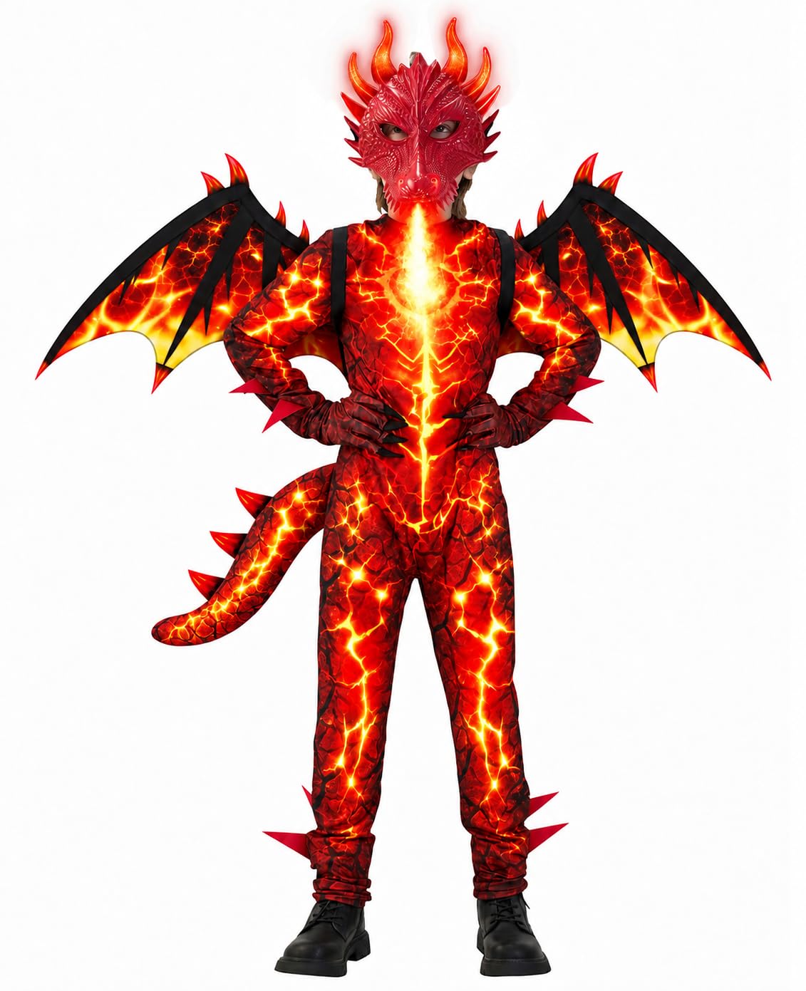 Kids Dragon Costume Boys with Wings Tail Glowing Mask for Halloween