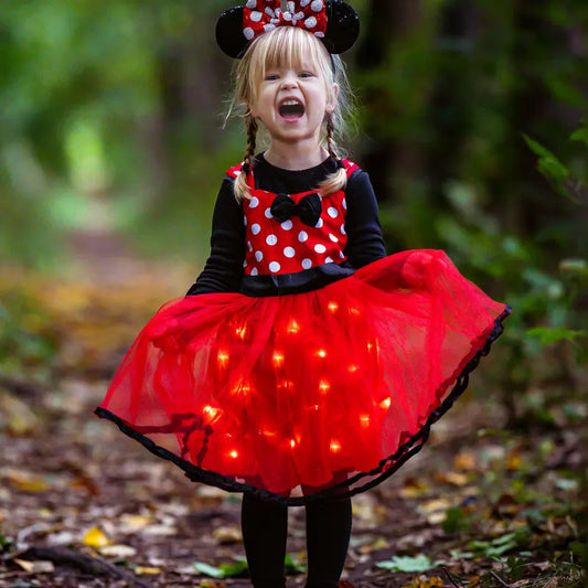 UPORPOR Girls' Holiday Princess Costume - Light-Up Polka Dot Tulle Tutu Dress with Bow, Halloween/Christmas Hand Wash Only Outfit for 3-4Y/5-6Y Polyester Special Moments Wear, 3 - 4 Years