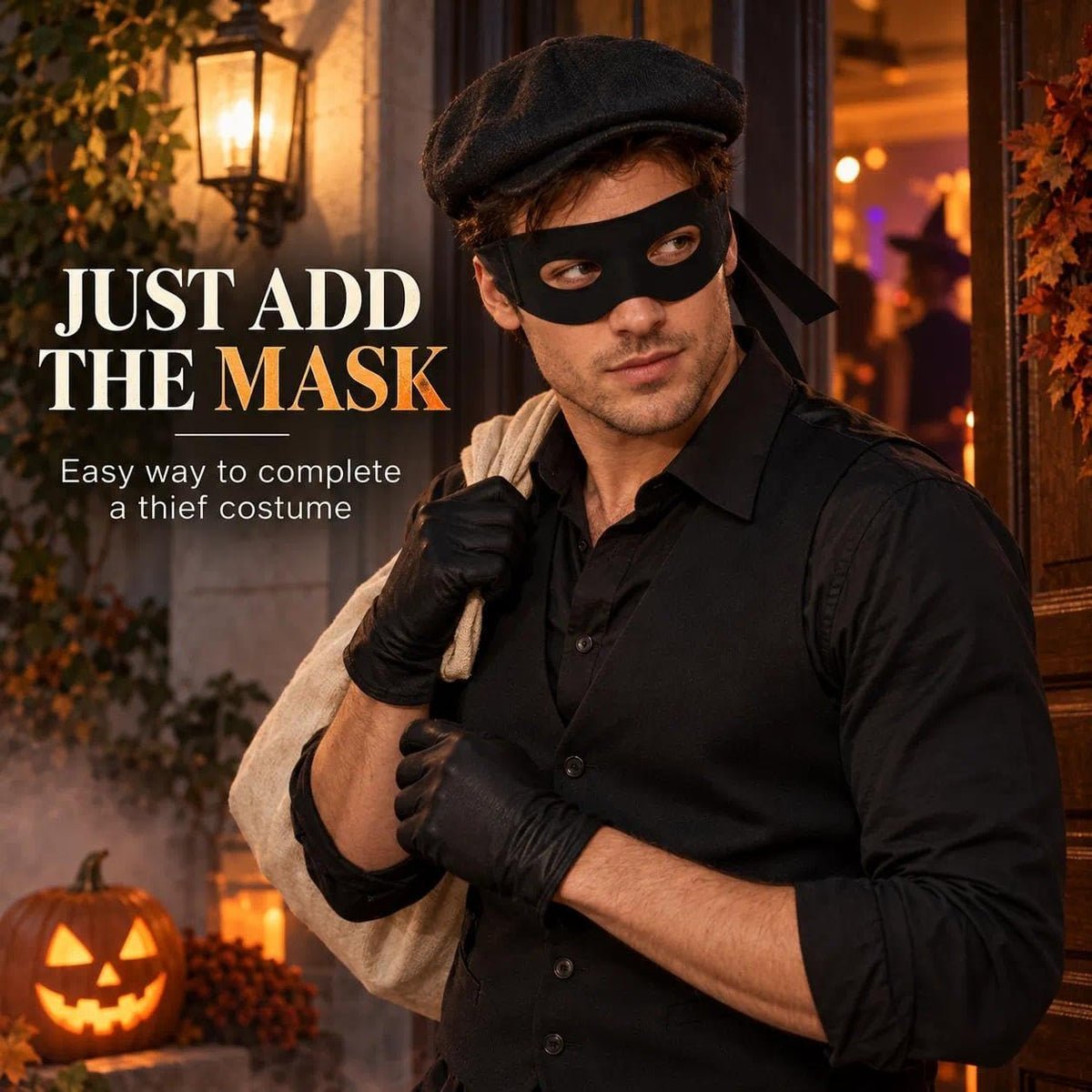 Black Thief Mask Costume, Fabric Eye Mask with Long Tie Straps