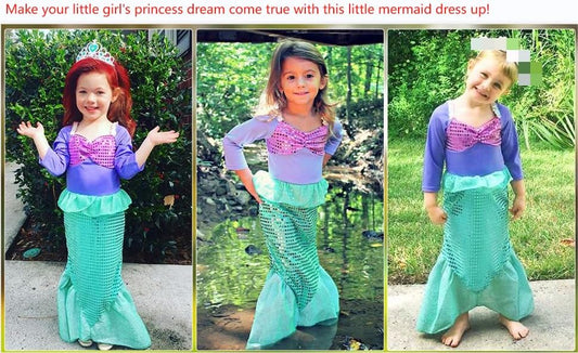 Mermaid Dress for Girls with Red Wig, Mermaid Tail Dress Up for Age 3-8
