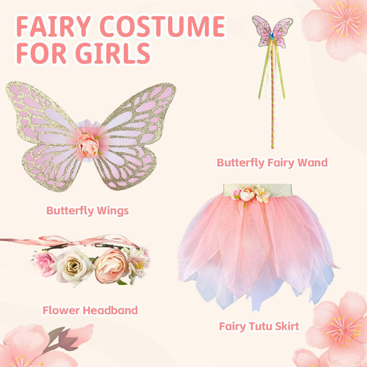 DJDLPARTY Girls Fairy Costume Set with Butterfly Wings Tutu Wand and Halo Headban