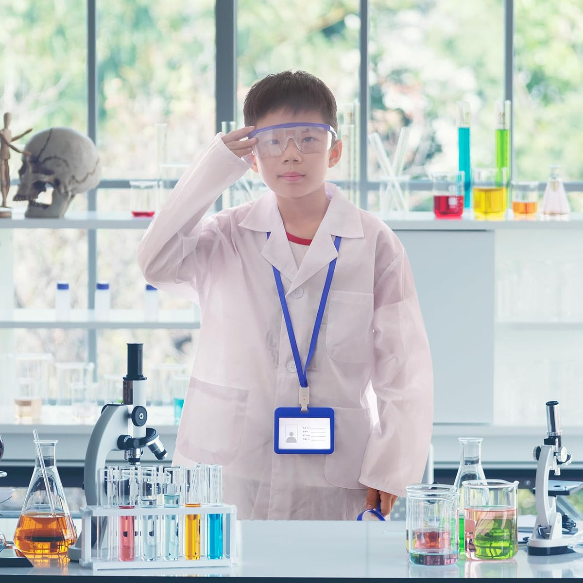 Doctor Scientist Costume Kids Lab Coat and Goggles Children Dress Up Kit with ID Card Magnifying Glass for Halloween