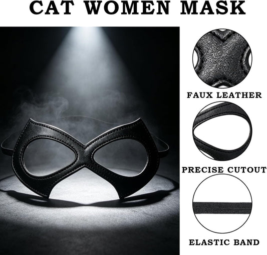 Black Cat Woman Mask, Faux Leather Masquerade Mask for Women, Half Face Halloween Mask with Elastic Strap for Adults for Halloween Cosplay Party Dress Up
