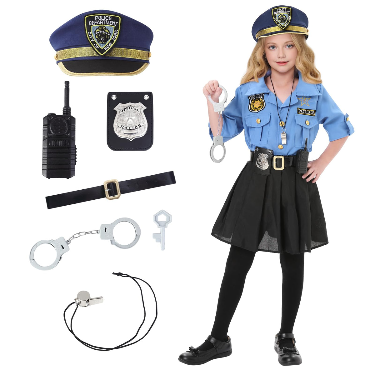 Lumiparty Police Officer Costume for Kid,Girls Police Costume,Halloween Cop Costume Outfit Set for Roleplay Dress Up