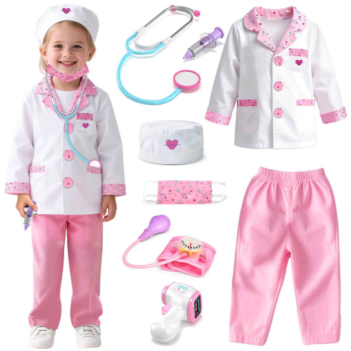Lehoo Castle Doctor Costume for Kids, Doctor Dress Up and Play Set 8 PCS with Stethoscope, Role Play Costume for Toddlers 4-6