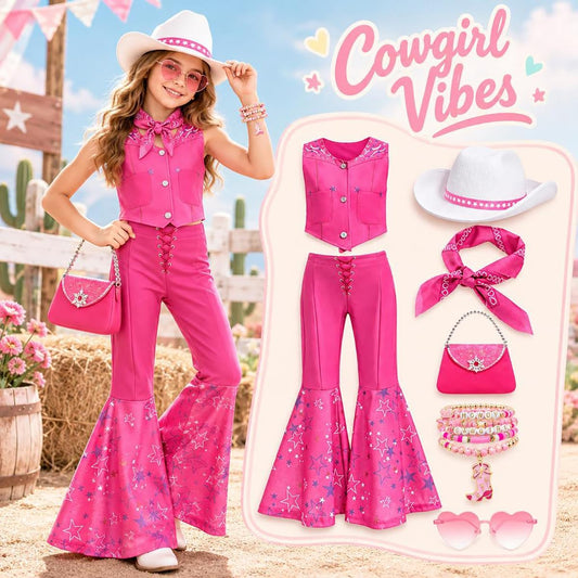 Cowgirl Costume Girls Kids Disco Cowgirl Outfits Western Movie Heroine Dress Up for Halloween Birthday Cosplay Party