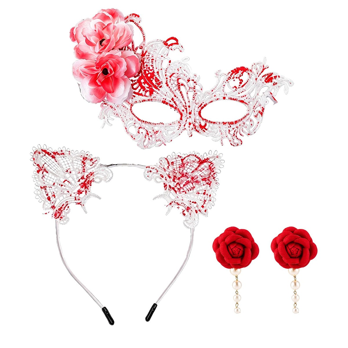 coadipress Lace Masquerade Mask Cat Ear Headband Flower Earrings for Women
