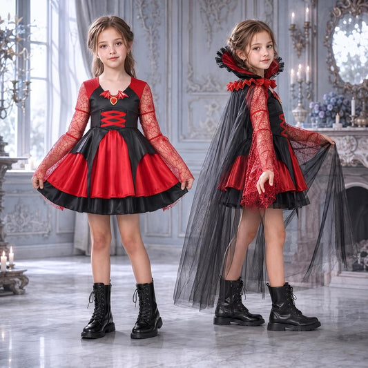 Latocos Halloween Vampire Costume for Girls, Gothic Vampire Dress with Cape