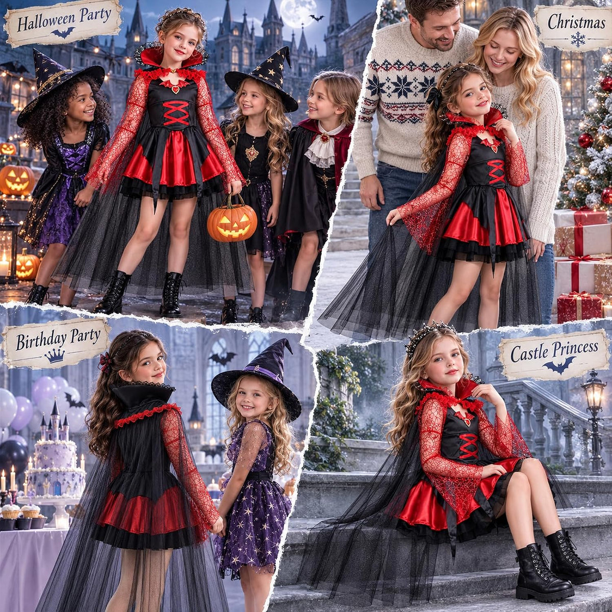 Latocos Halloween Vampire Costume for Girls, Gothic Vampire Dress with Cape