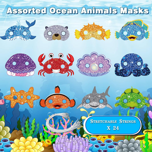 Minatee 24 Pieces Kids Masks Under the Sea Ocean Animal Birthday Funny Masks for Kids Party Supplies Under the Sea Ocean Animal Theme Baby Shower Birthday Gifts for Boys and Girls