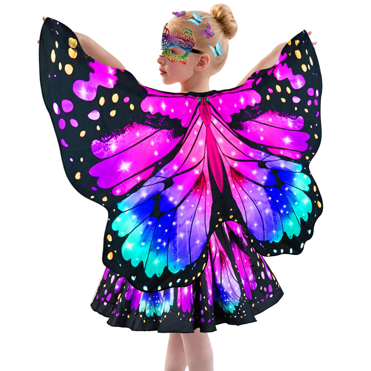 Sunlisky Kids Butterfly Wings Costume for Girls Fairy Wings Dress Up Clothes Headband Mask for Halloween Party Favors