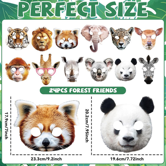 CHUNNIN 24pcs Animal Masks Party Favors Jungle Safari Themed Birthday Masks Realistic Printed Wild Petting Zoo Animal Costume Dress Up for Woodland Adults Party Supplies Decoration