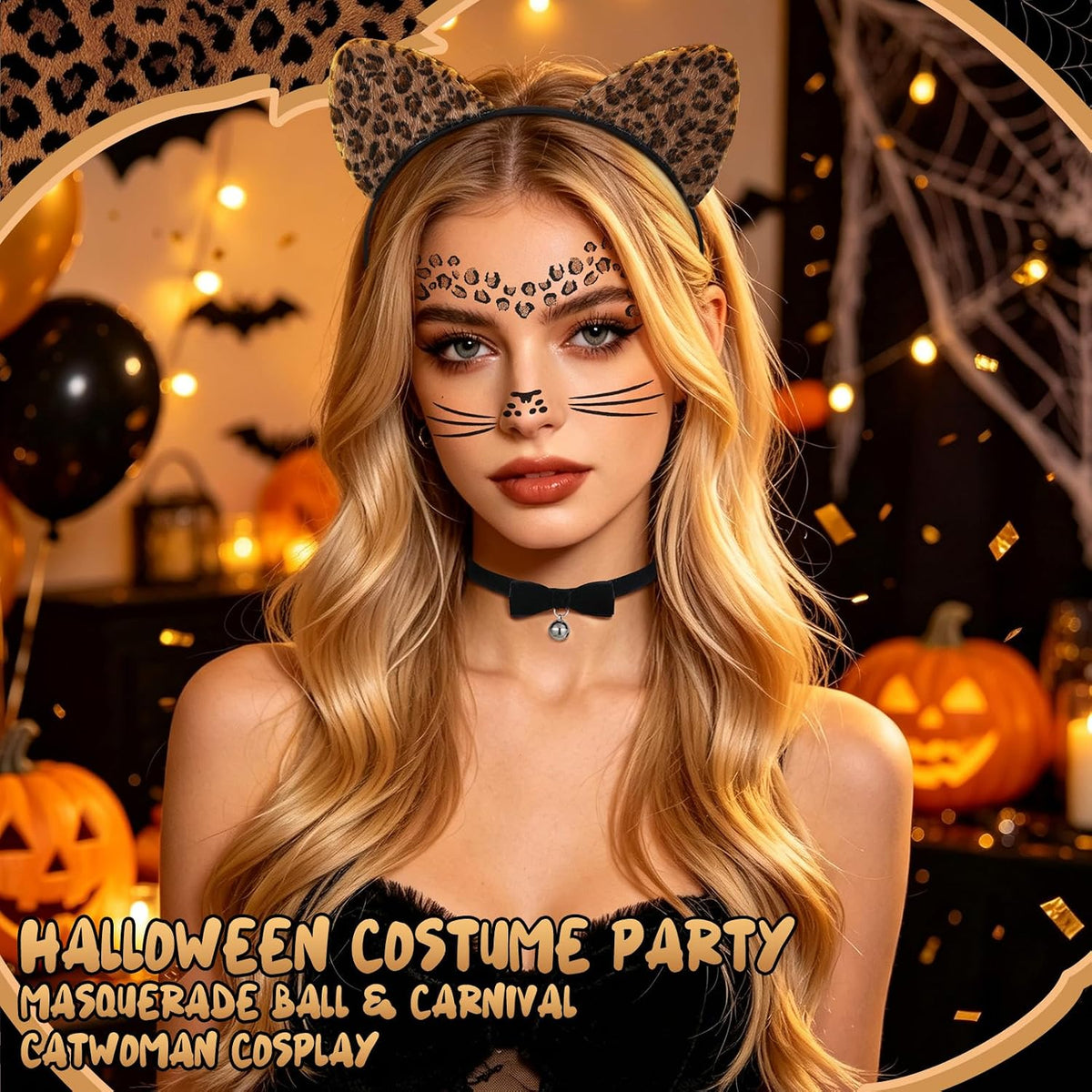 5 Pcs Cheetah Costume Set, Leopard Ears and Tail Bow Tie Black Cat Mask Leopard Face Stickers Leopard Costume Accessories for Women Halloween Cosplay Dress Up