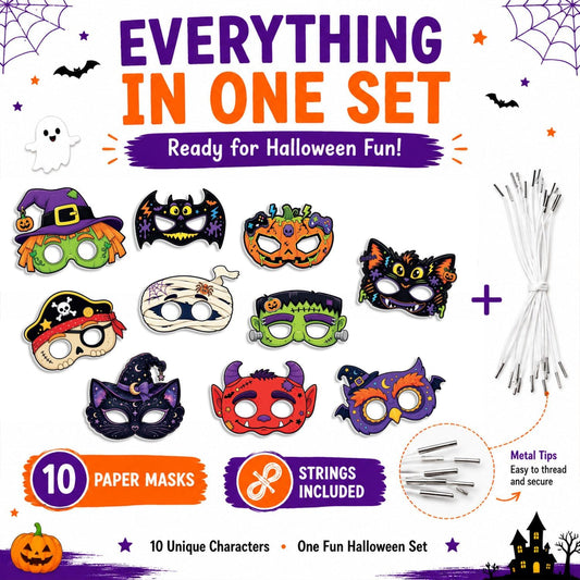 Halloween Masks for 10 Pack, Assorted Costume Eye Masks with Cat, Pumpkin, Halloween Masks, Halloween Party Favors, Classroom Prizes and Dress Up Accessories
