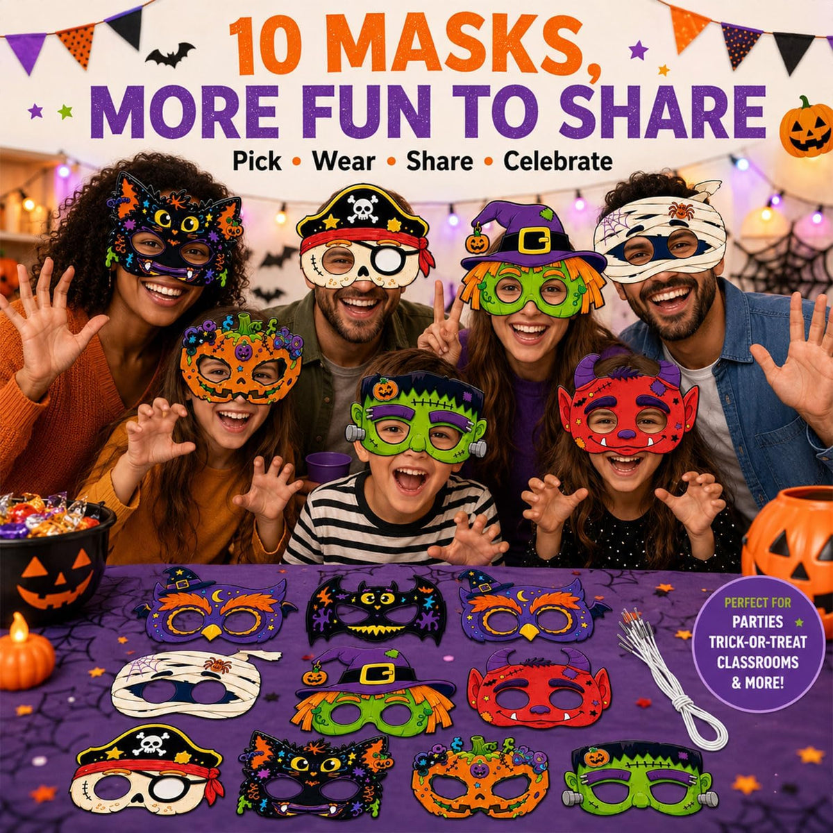 Halloween Masks for 10 Pack, Assorted Costume Eye Masks with Cat, Pumpkin, Halloween Masks, Halloween Party Favors, Classroom Prizes and Dress Up Accessories
