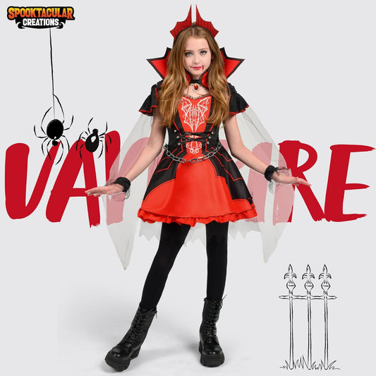 Spooktacular Creations Halloween Girls Vampire Costume, Red Dark Vampire Dress Costume for Girls Halloween Dress up