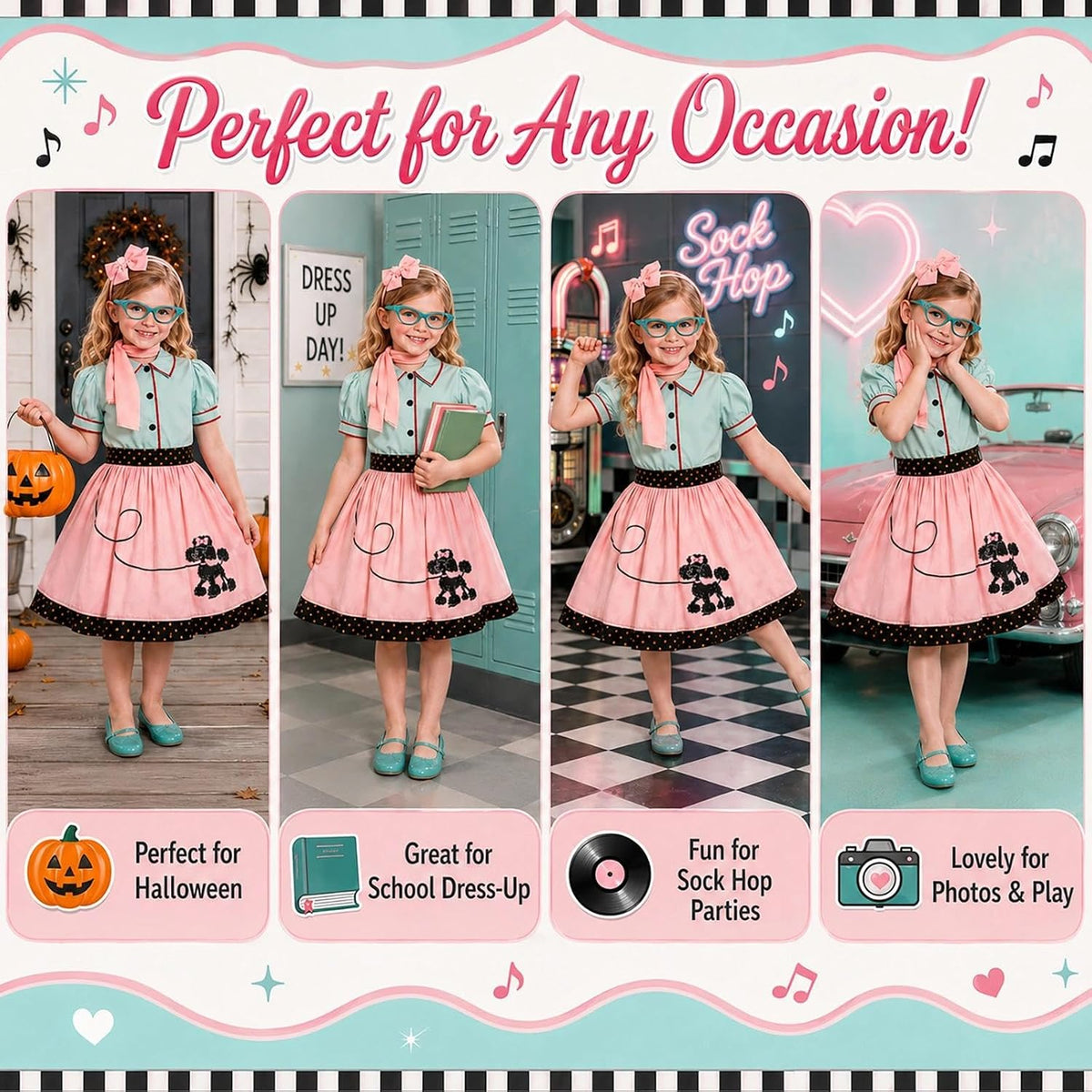 SIZGAROOT 50s Outfit for Girls 50s Costume Girls Poodle Skirt Halloween Party Dress Up