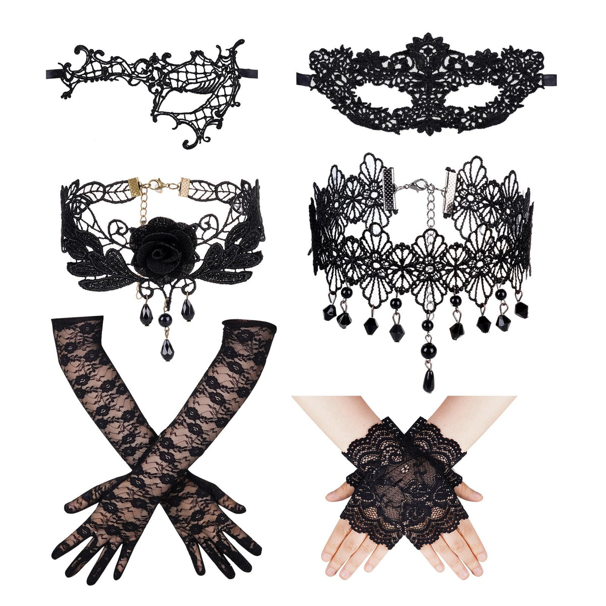 Topbuti Halloween Masquerade Costumes Set Black Lace Gloves Lace Mask Eyemask Choker Necklace for Halloween Dress Up Party