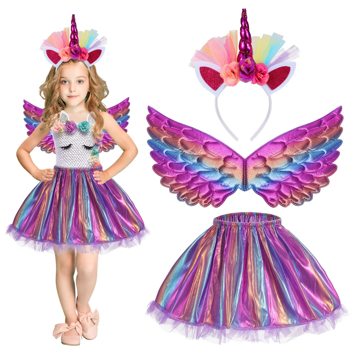 Hifot Unicorn Costumes for Girl, Unicorn Birthday Tutu Dress with Unicorn Wings Headband for Christmas Gifts Party Outfit