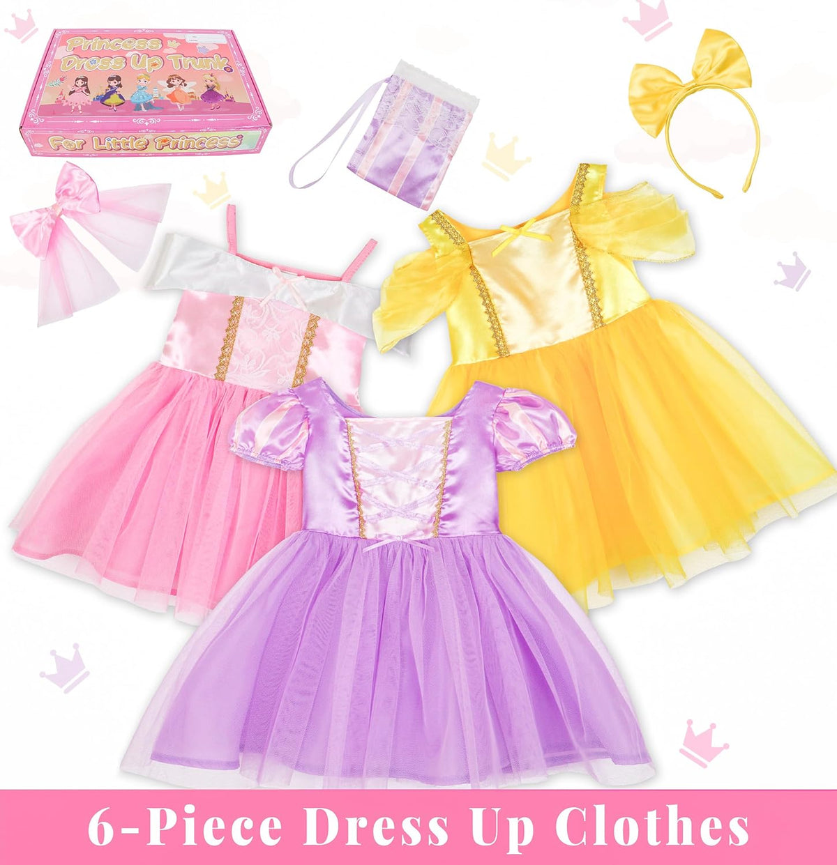 Princess Dress Up Trunk for Toddler Girls, 6 Pcs Costume Fancy Dresses Outfit for Little Kids Toddlers 2T 3-4T 4-6Y