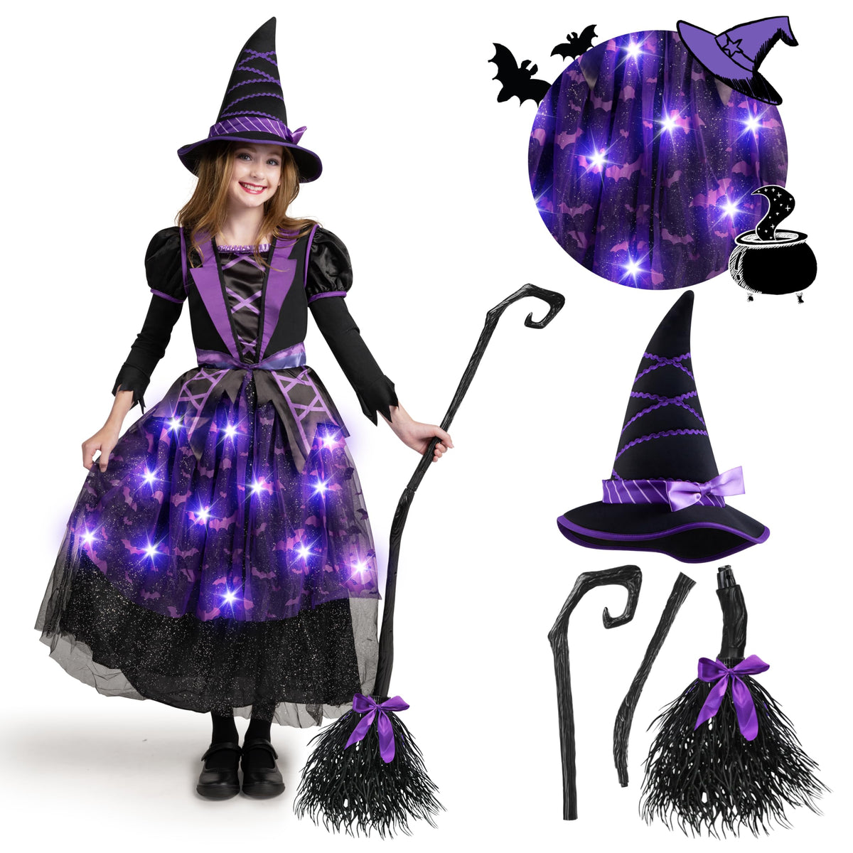 Spooktacular Creations Halloween Witch Costume Kids, Light Up Witch Dress with Hat and Broom for Girls, Toddlers Bat Outfit Set for Halloween Costumes Role Play Parties, Pink (Medium(8-10 yrs))