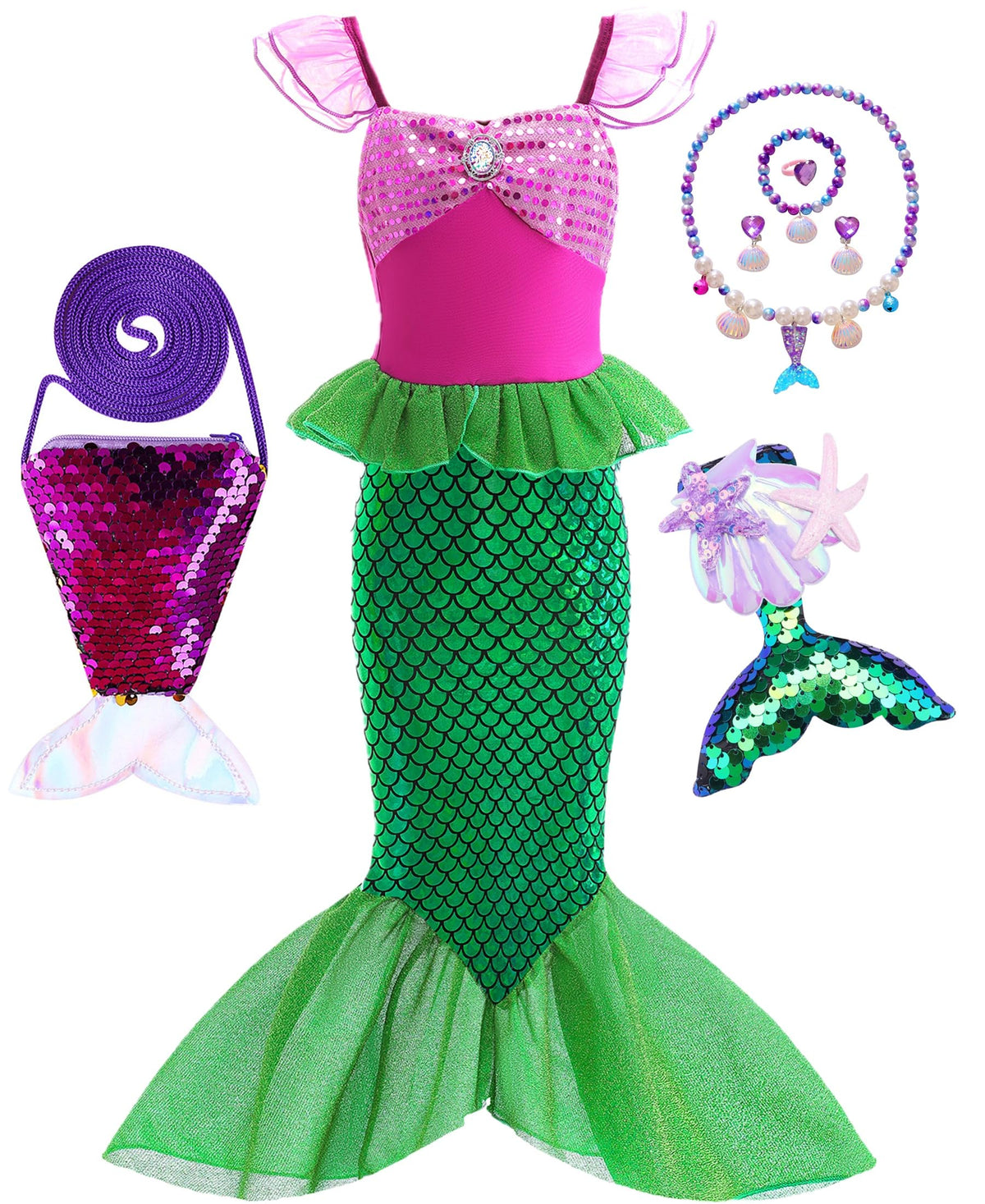 BanKids Princess Little Mermaid Costume Ariel Dress for Grils Birthday Party Halloween Cosplay Costumes 3-10Years