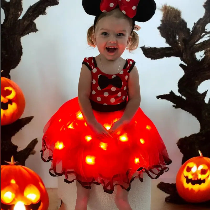 UPORPOR Girls' Holiday Princess Costume - Light-Up Polka Dot Tulle Tutu Dress with Bow, Halloween/Christmas Hand Wash Only Outfit for 3-4Y/5-6Y Polyester Special Moments Wear, 3 - 4 Years