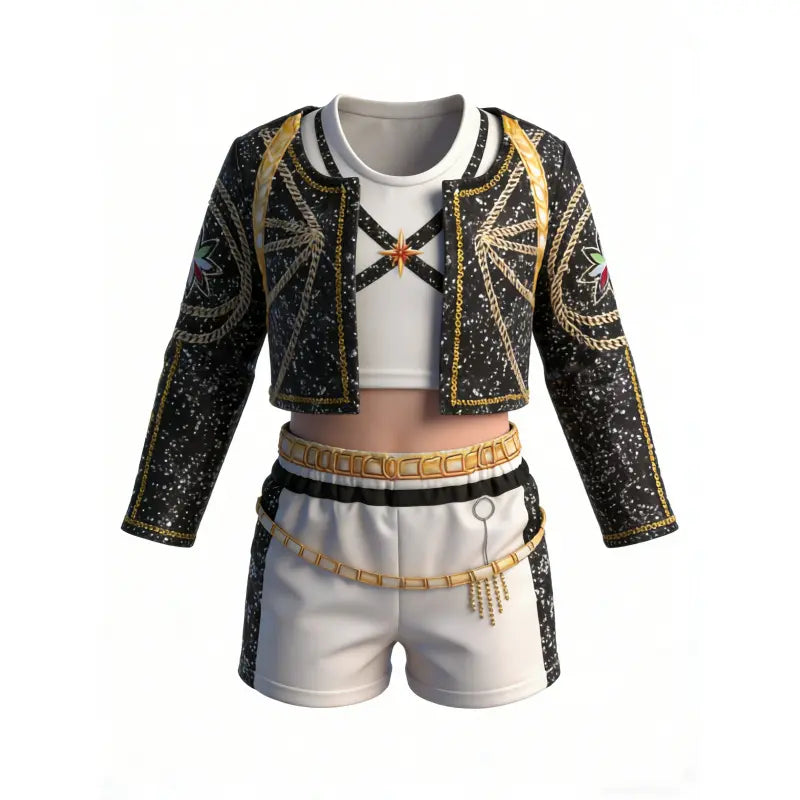 Girls' 3-Piece Performance Wear Set - 2026 Spring/Summer New Singer-Inspired 3D Printed Sparkle Vest, Jacket & Shorts, Comfortable Cut for Girl Group Shows, Halloween, 3-4Y