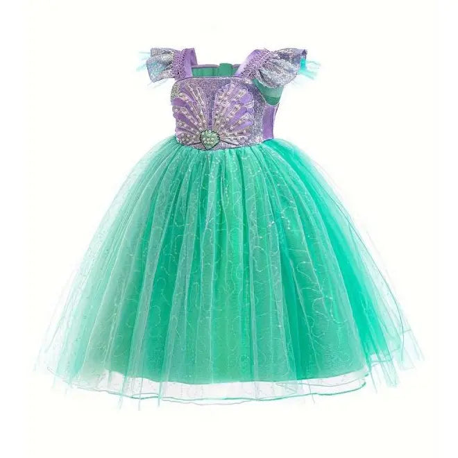 Mermaid Princess Dress Girls Halloween Birthday, Sequined Tulle Flared Skirt, Mermaid Theme Performance Costume, Classic Party Gown for Kids 4-10Y Knee-Length