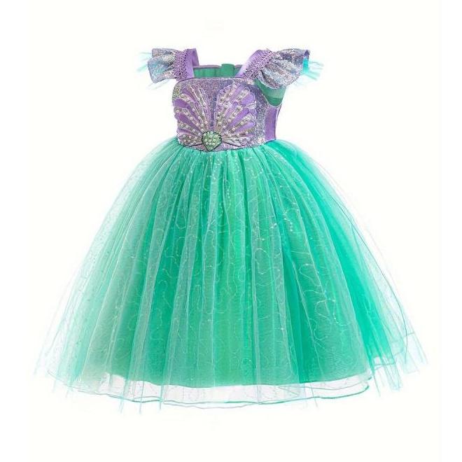 Mermaid Princess Dress Girls Halloween Birthday, Sequined Tulle Flared Skirt, Mermaid Theme Performance Costume, Classic Party Gown for Kids 4-10Y Knee-Length