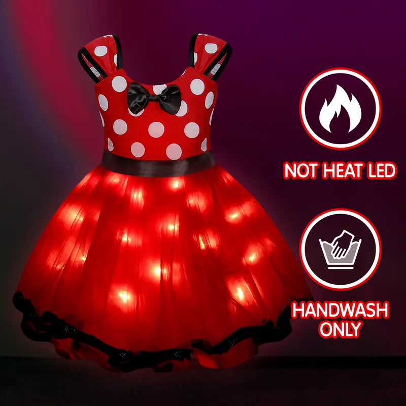 UPORPOR Girls' Holiday Princess Costume - Light-Up Polka Dot Tulle Tutu Dress with Bow, Halloween/Christmas Hand Wash Only Outfit for 3-4Y/5-6Y Polyester Special Moments Wear, 3 - 4 Years