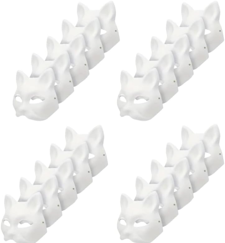 Musaner 20 PCS Cat Mask DIY White Therian Masks to Paint Blank Animal Dress Up Masks for Holiday Party Cosplay, 7.1X6.7in