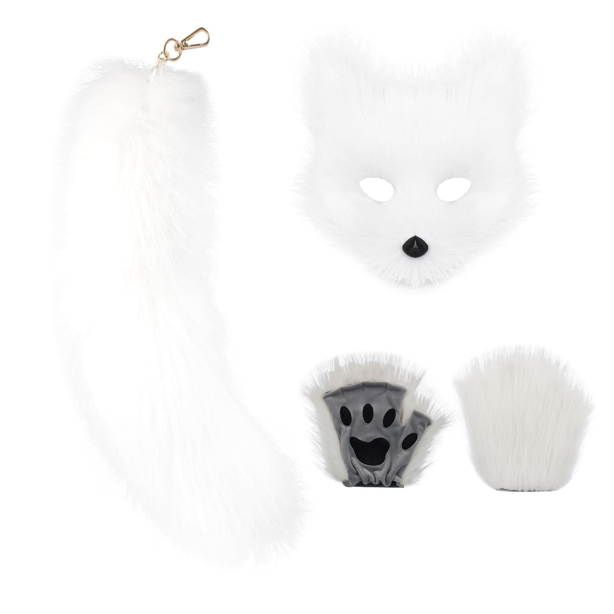 COSYEARS Cat Fox Mask Tail and Paws Gloves Set Furry Animal Therian Kit Masquerade Halloween Costume Accessory
