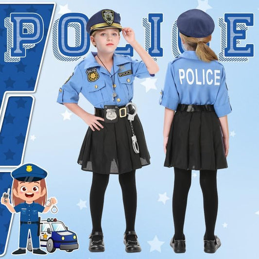 Lumiparty Police Officer Costume for Kid,Girls Police Costume,Halloween Cop Costume Outfit Set for Roleplay Dress Up