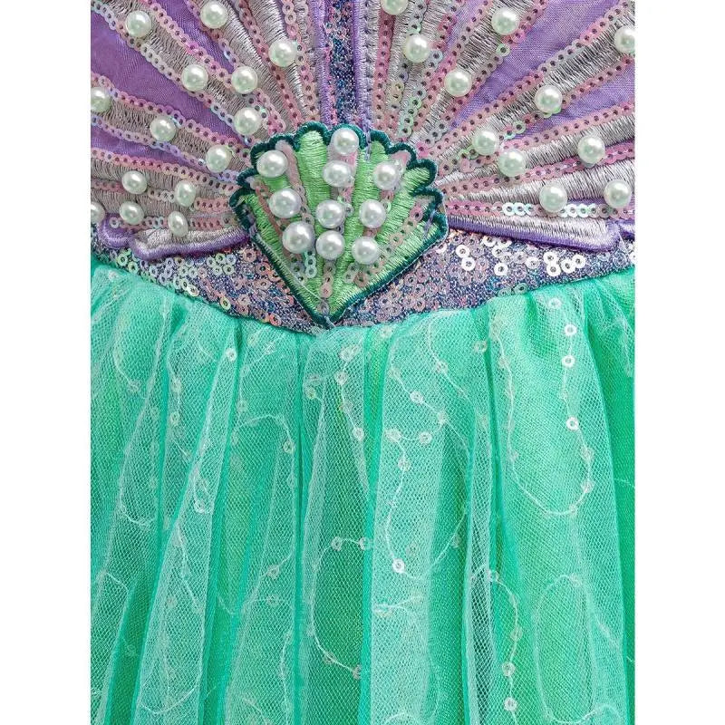 Mermaid Princess Dress Girls Halloween Birthday, Sequined Tulle Flared Skirt, Mermaid Theme Performance Costume, Classic Party Gown for Kids 4-10Y Knee-Length