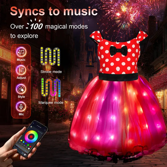 UPORPOR Girls' Red LED Glitter Cartoon Character Princess Costume Dress - Polyester, 3y-4-5y (3-4 Years Fit), Headband, Remote, Light-Up Skirt, 100+ Music-Sync LED Modes, for Parties, Pretend Play