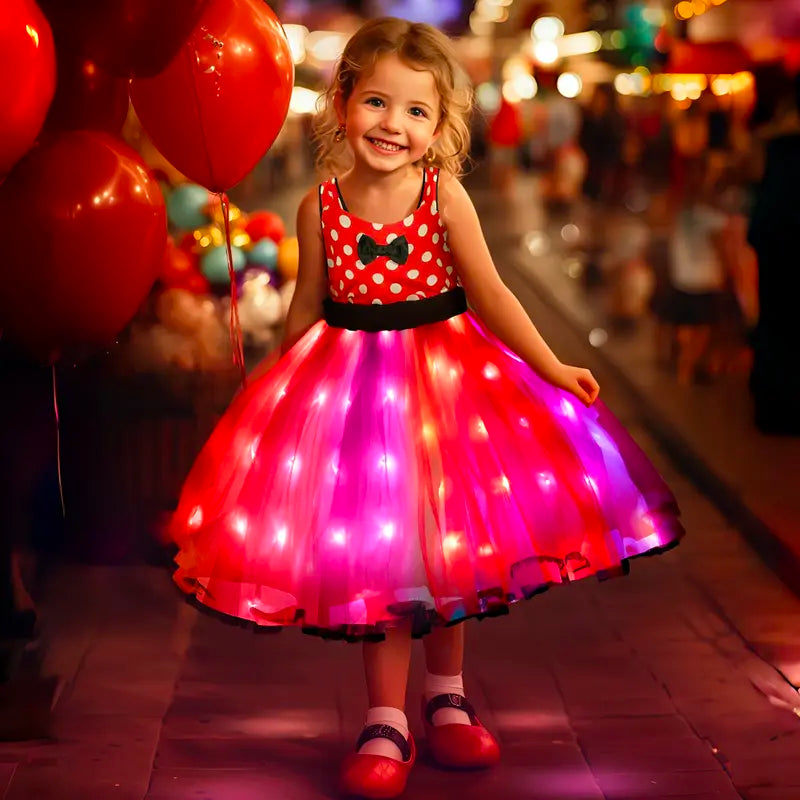 UPORPOR Girls' Red LED Glitter Cartoon Character Princess Costume Dress - Polyester, 3y-4-5y (3-4 Years Fit), Headband, Remote, Light-Up Skirt, 100+ Music-Sync LED Modes, for Parties, Pretend Play