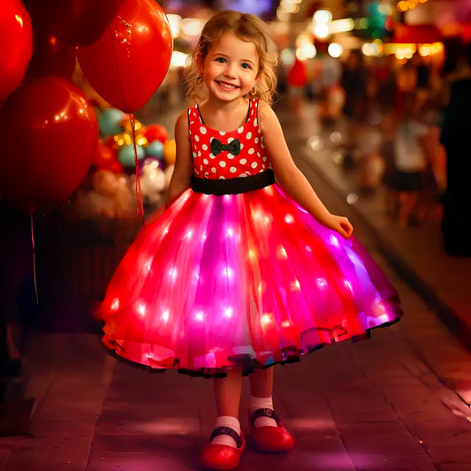 UPORPOR Girls' Red LED Glitter Cartoon Character Princess Costume Dress - Polyester, 3y-4-5y (3-4 Years Fit), Headband, Remote, Light-Up Skirt, 100+ Music-Sync LED Modes, for Parties, Pretend Play