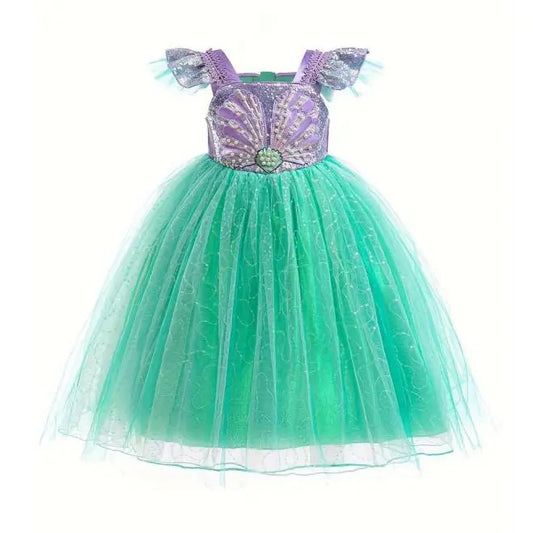 Mermaid Princess Dress Girls Halloween Birthday, Sequined Tulle Flared Skirt, Mermaid Theme Performance Costume, Classic Party Gown for Kids 4-10Y Knee-Length