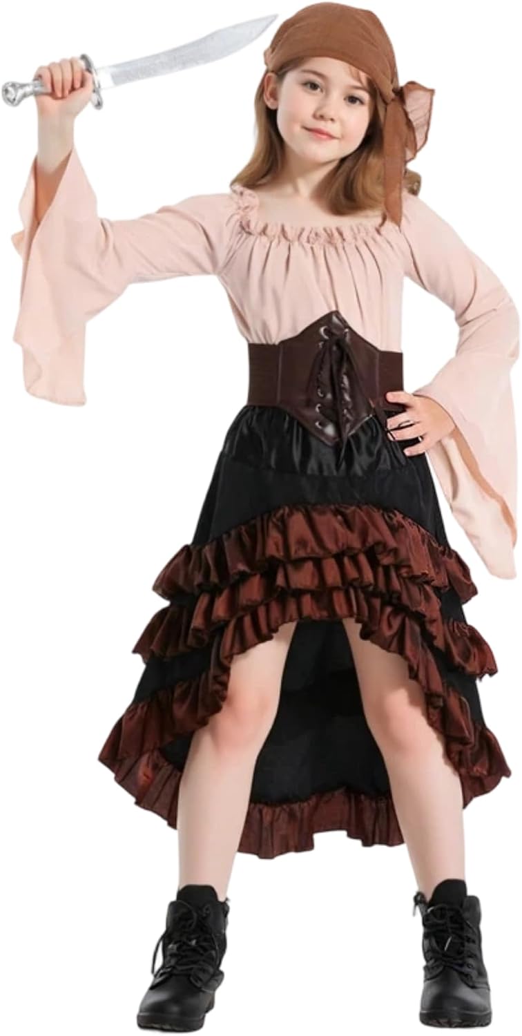 Verceco Kids Pirate Costumes Pirate Dress Up for Girl Fairy Medieval Renaissance Outfits for Girls Waist Belt & Headscarf