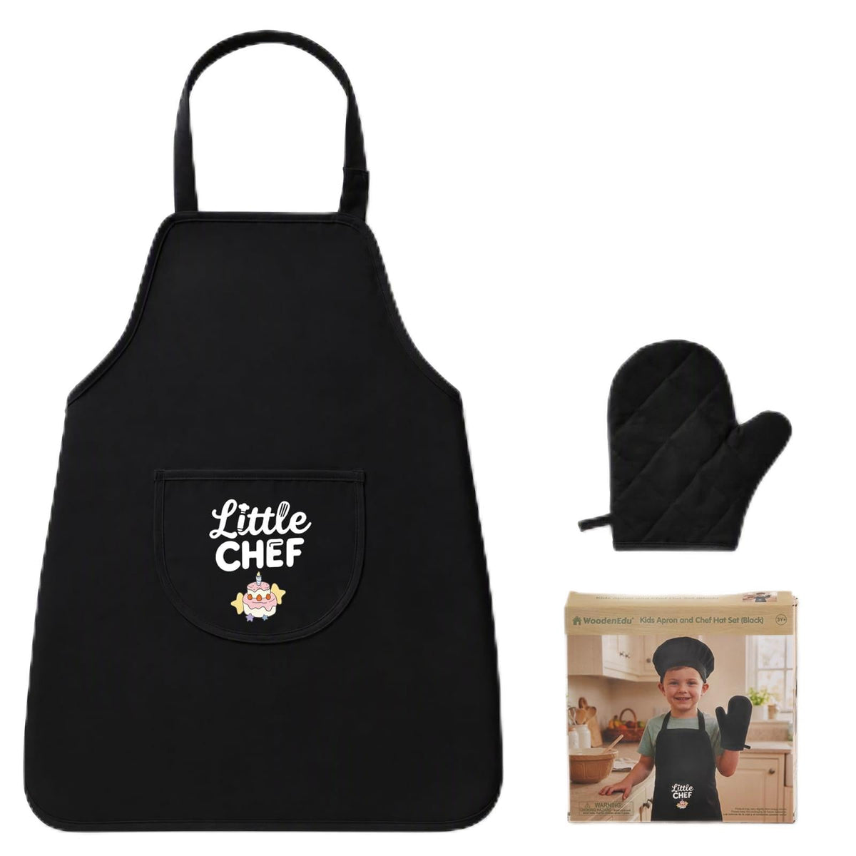 Kid Apron and Chef Hat Set, 3Pcs Children Cooking Baking Set Kits