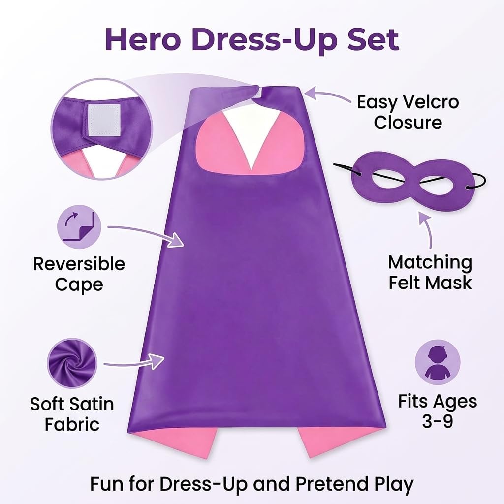 Superhero Cape and Mask for Kids, Toy for 3-9 Year Old Boys Girls Halloween Christmas Dress up Super Hero Costume