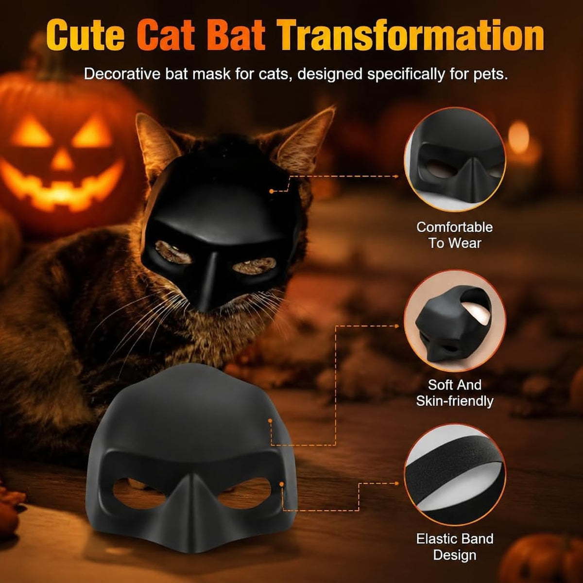 Cat Bat Mask, Funny Cat Helmet & Cat Hat Cosplay Costume, Adjustable Pet Mask for Halloween, Party, Photo Props, Lightweight Comfortable Cat Costume Accessories for Cats & Small Pets（Black