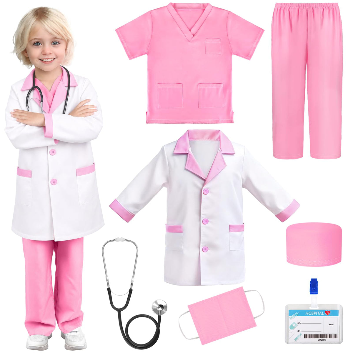 GIFTINBOX Doctor Costume for Kids Doctor Lab Coat for Kids Real Stethoscope, Girls Halloween Costumes for Kids age 3-11