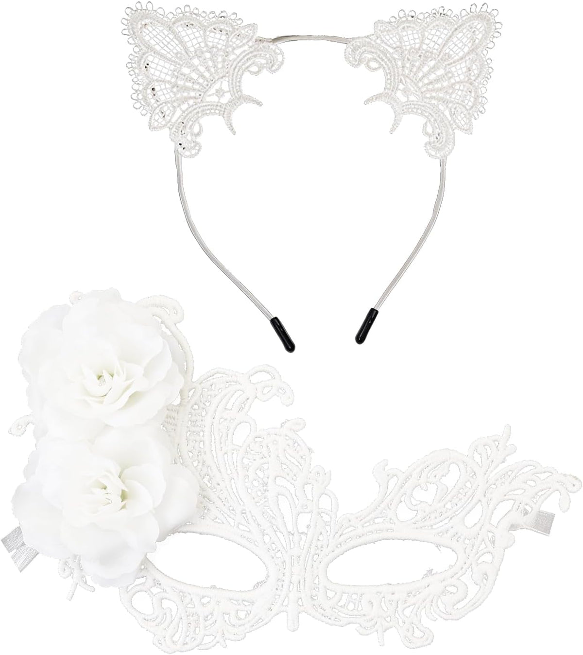 coadipress Lace Masquerade Mask Cat Ear Headband Flower Earrings for Women