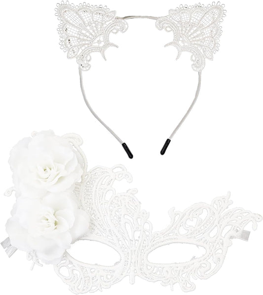 coadipress Lace Masquerade Mask Cat Ear Headband Flower Earrings for Women