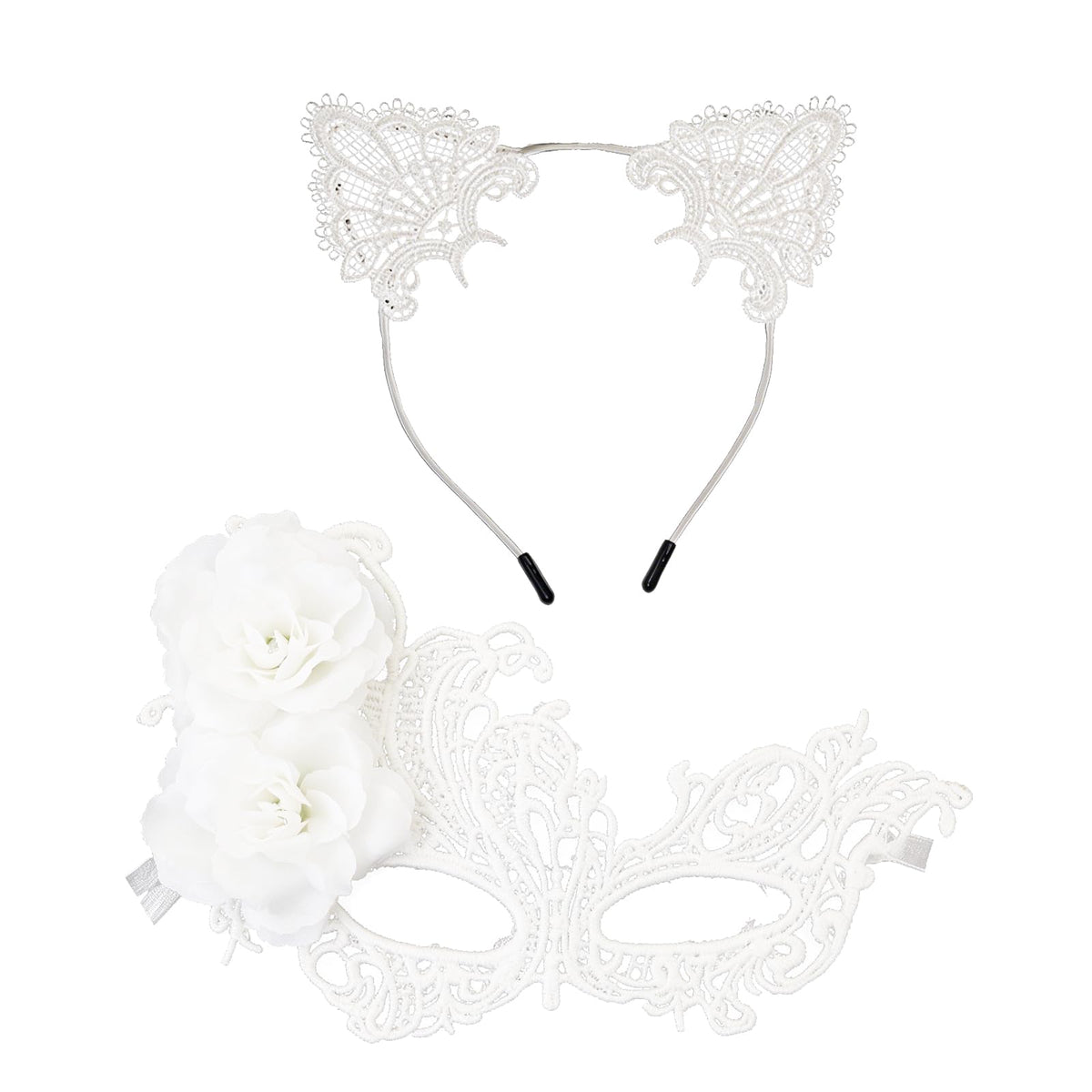 coadipress Lace Masquerade Mask Cat Ear Headband Flower Earrings for Women