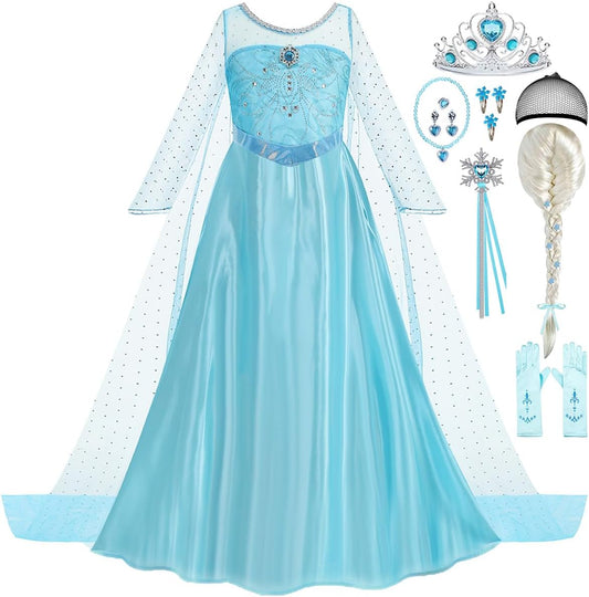 Princess Dress for Girls Kids Blue Costume with Cape