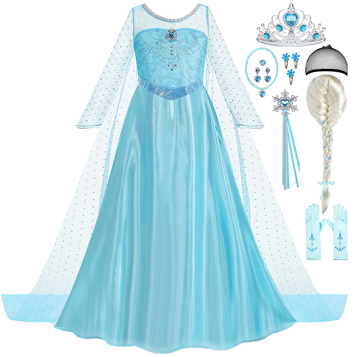 Princess Dress for Girls Kids Blue Costume with Cape