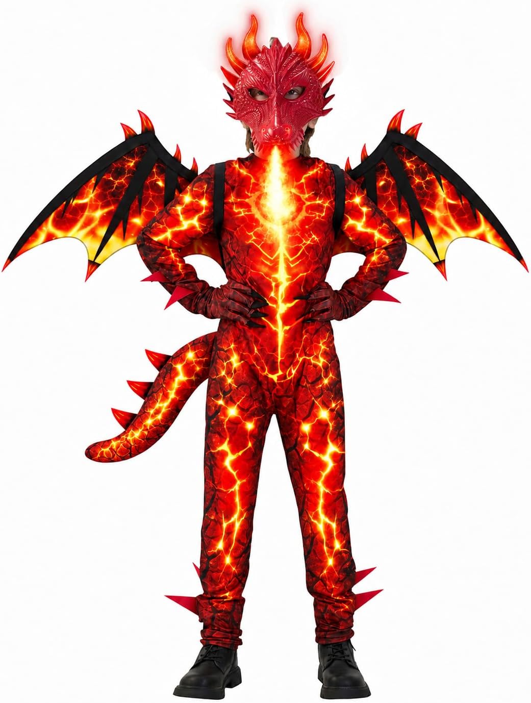Kids Dragon Costume Boys with Wings Tail Glowing Mask for Halloween